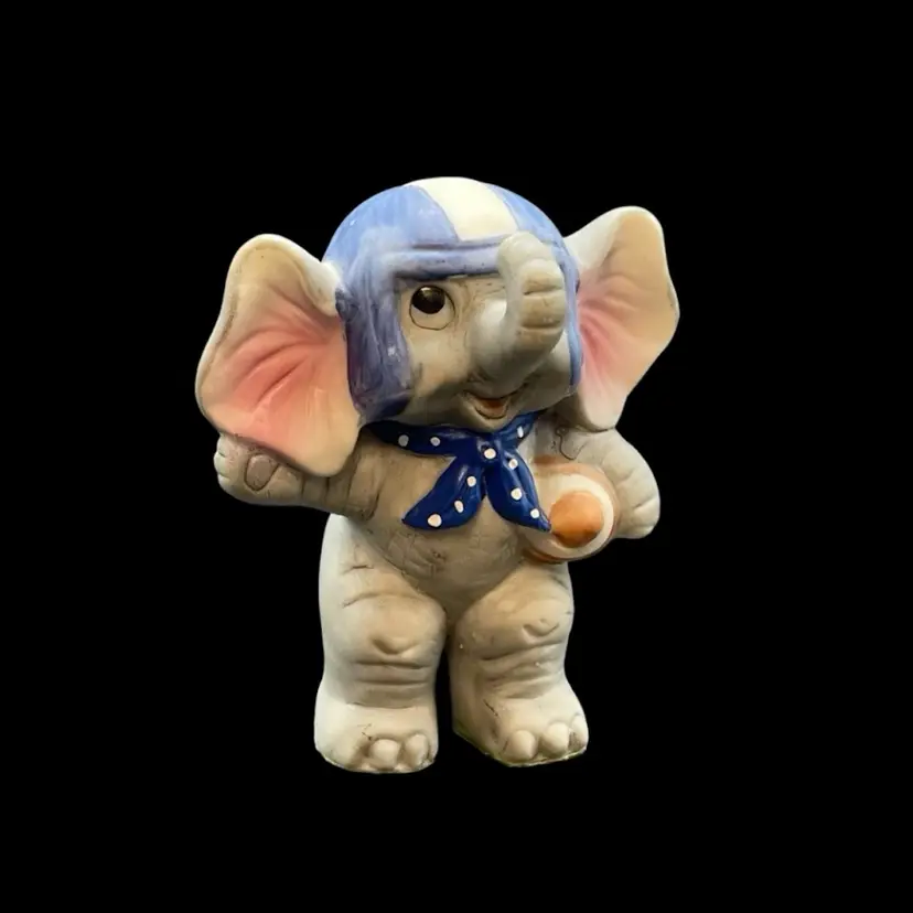 Kitschy Bisque Porcelain Anthropomorphic Football Elephant Sports Figurine