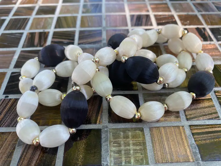 Vintage Black and White Oval Silk Bead Silver Tone Spacer Necklace 31"