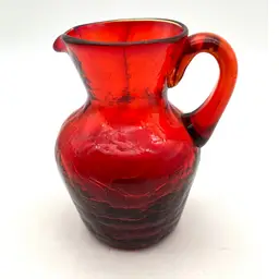 03 - Small Red Crackle Glass Pitcher With Applied Red Handle; Handle Glows! 3.75”