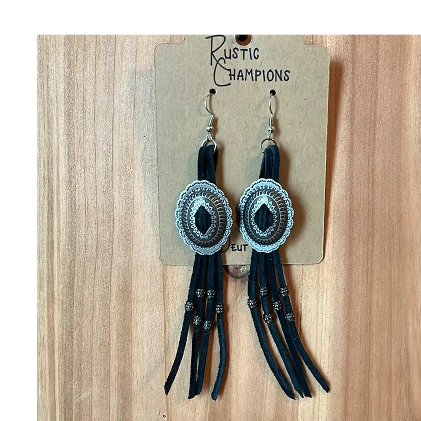 Antiqued Silver Concho Leather Tassel Earrings