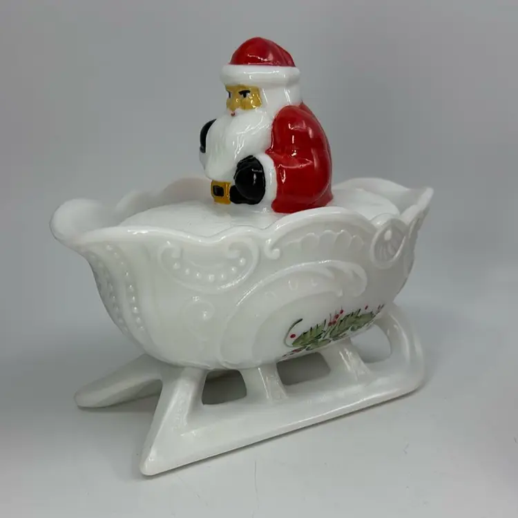 Santa On His Sleigh Painted Milk Glass Mosser Candy Trinket Dish Signed 5.5L 5H