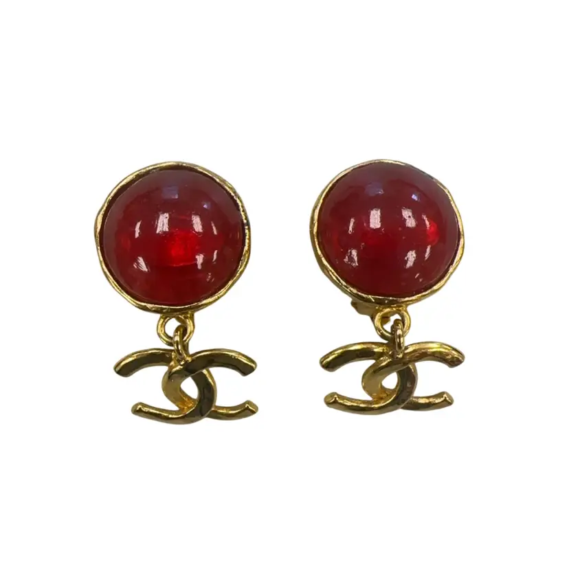 Chanel Red Stone & Gold Clip On Earrings
