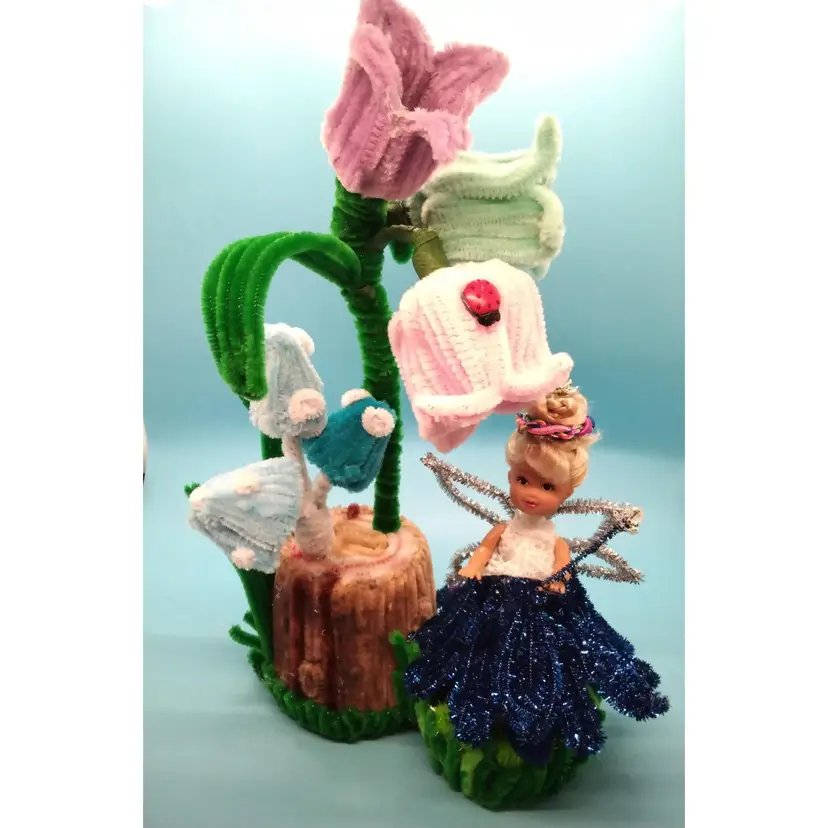 Handmade Pipecleaner Fairy In A Garden Of Pipe Cleaner Flowers And Mushrooms, MADE BY ME.