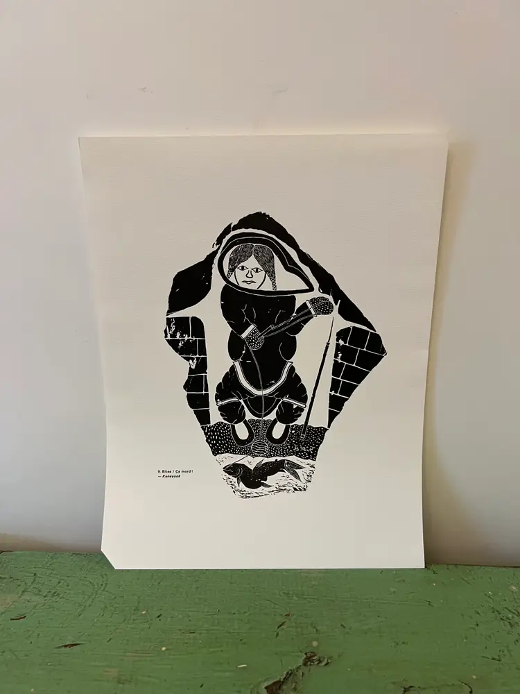 1970s Inuit Art Print - It Bites- Kanayook- Vintage Eskimo La Fédération des Coopératives du Nouveau Quebec