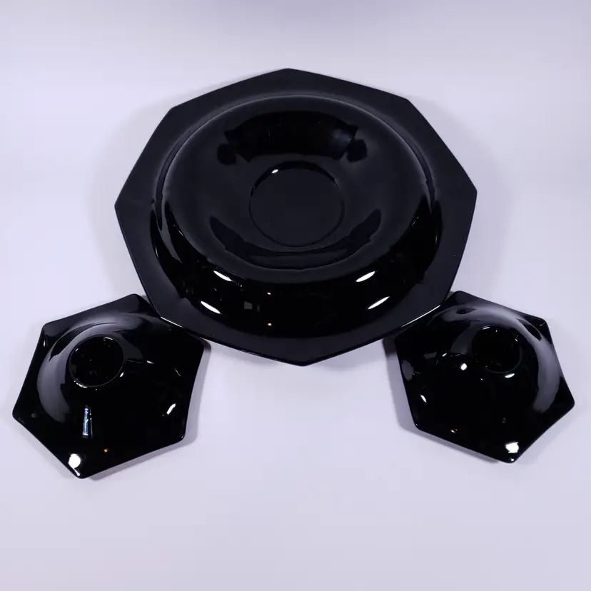 ART DECO Black Amethyst Octagonal Footed TAPER CANDLE HOLDERS & CONSOLE BOWL SET