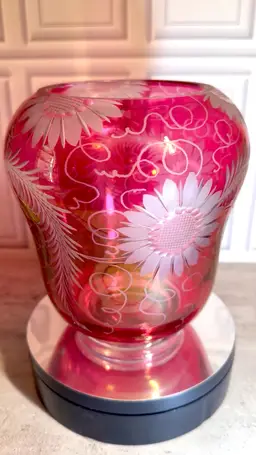 Gorgeous! Vintage 1960’s German Made Etched Crystal Cranberry Glass Vase w/Sunflower Pattern