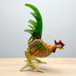 Blown Art Glass Rooster Multicolored Green Tail Feathers 4.5" tall