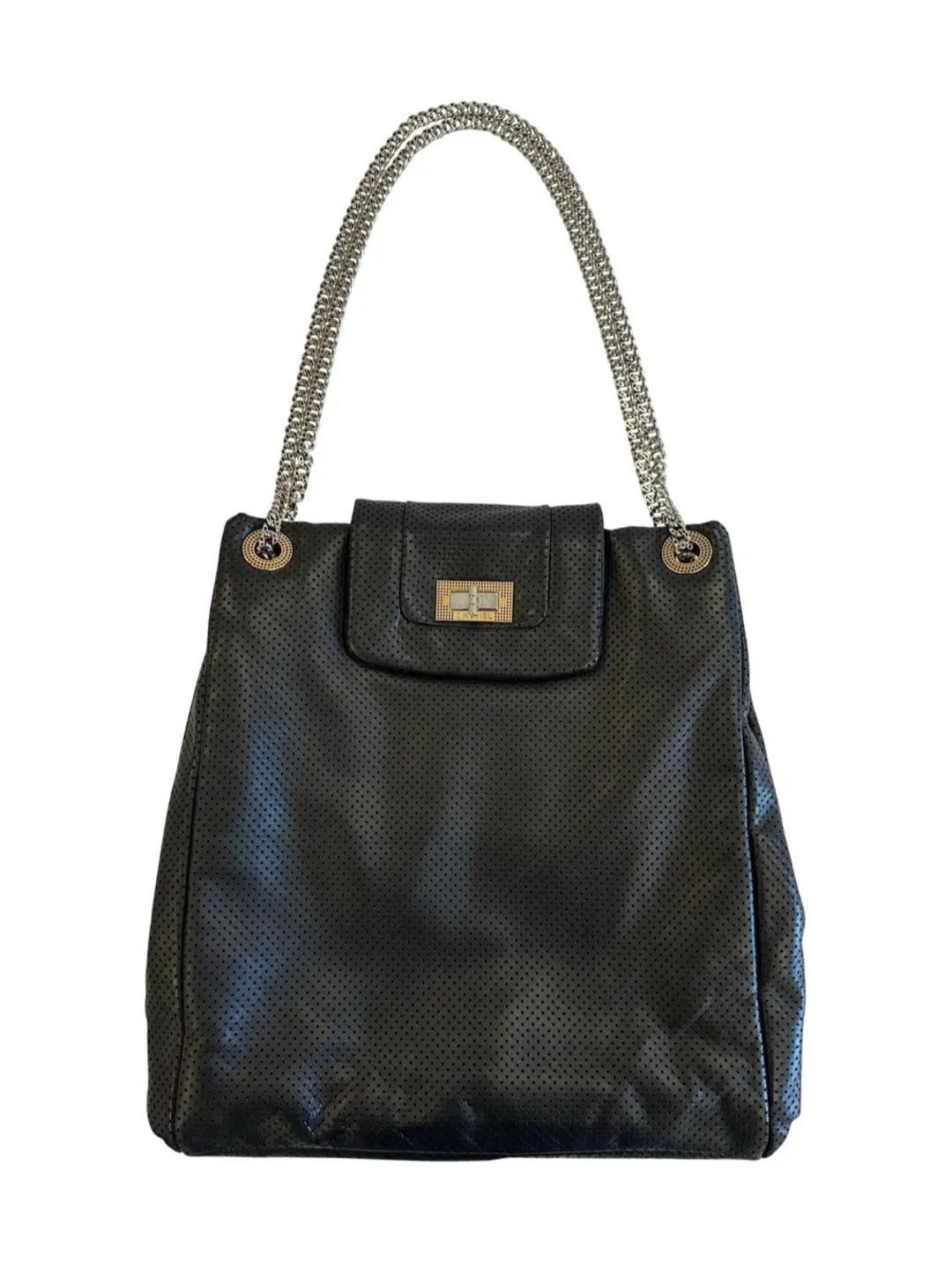 Chanel Vintage Black Perforated Drill Bit Tote