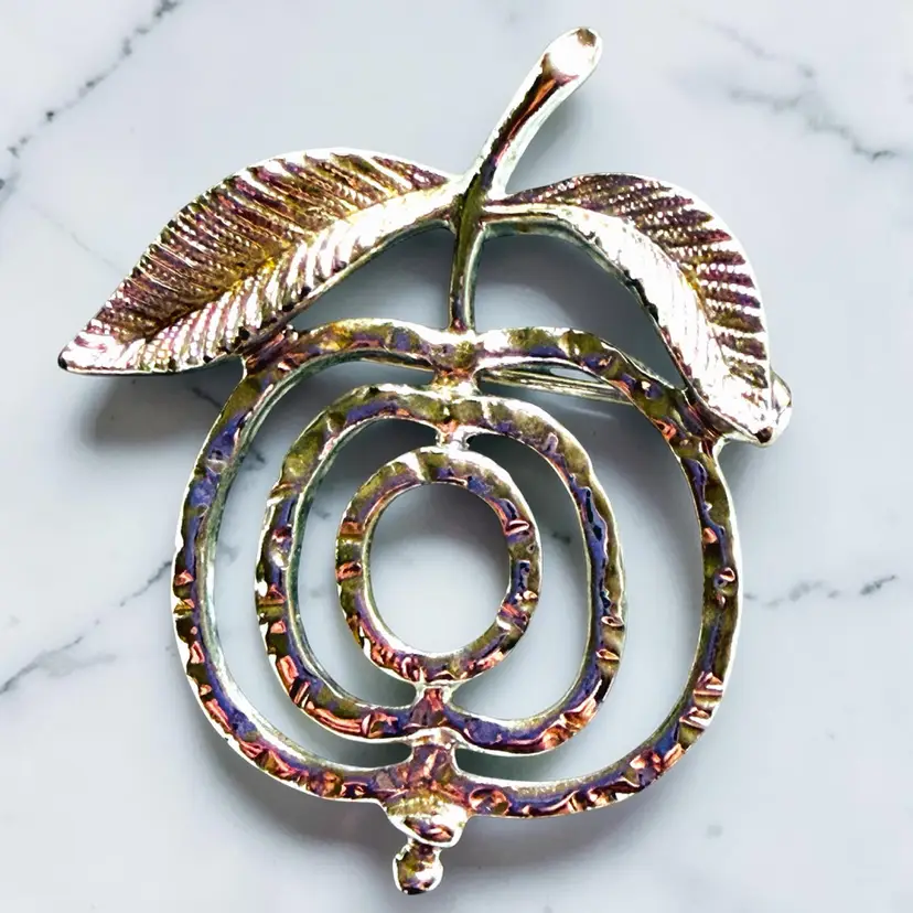 Sara Coventry Silver Tone Cherry Apple Brooch - 1.75” x 1.5”