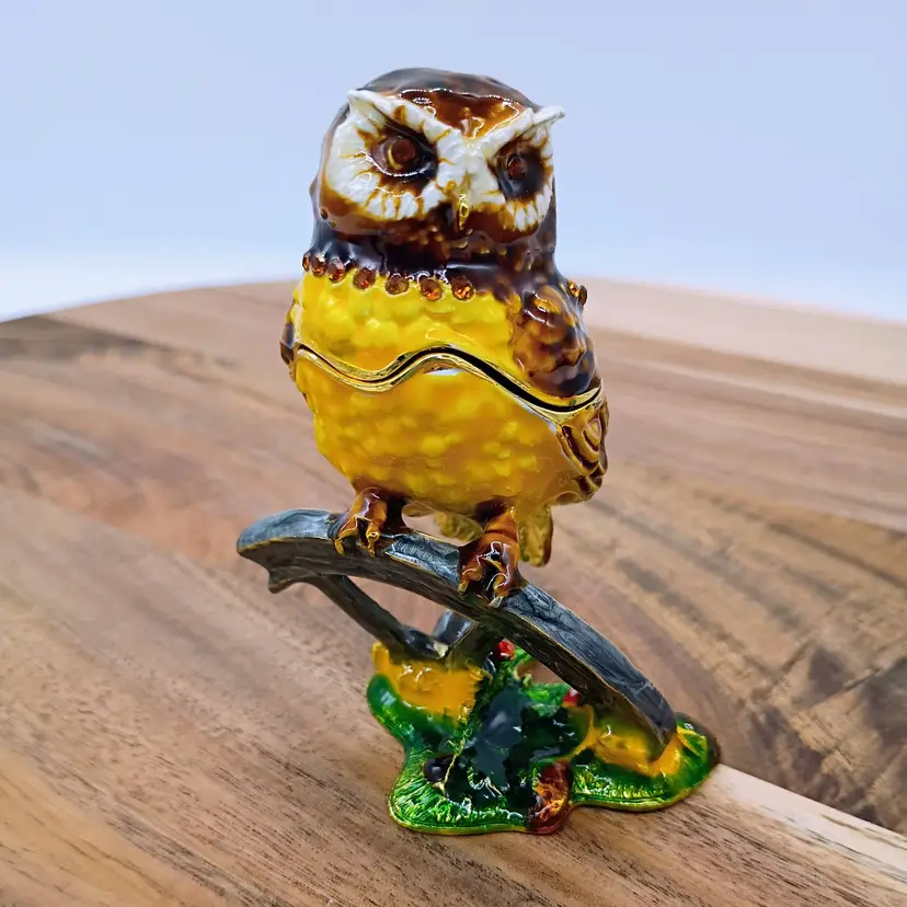 Owl Trinket Box Enameled Bejeweled Hinged Metal with Magnetic Closure.