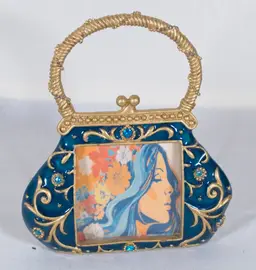 VTG Ashleigh Manor Purse Picture Frame Enameled Metal Azure Blue w/ Blue Topaz 2" x 2" Picture