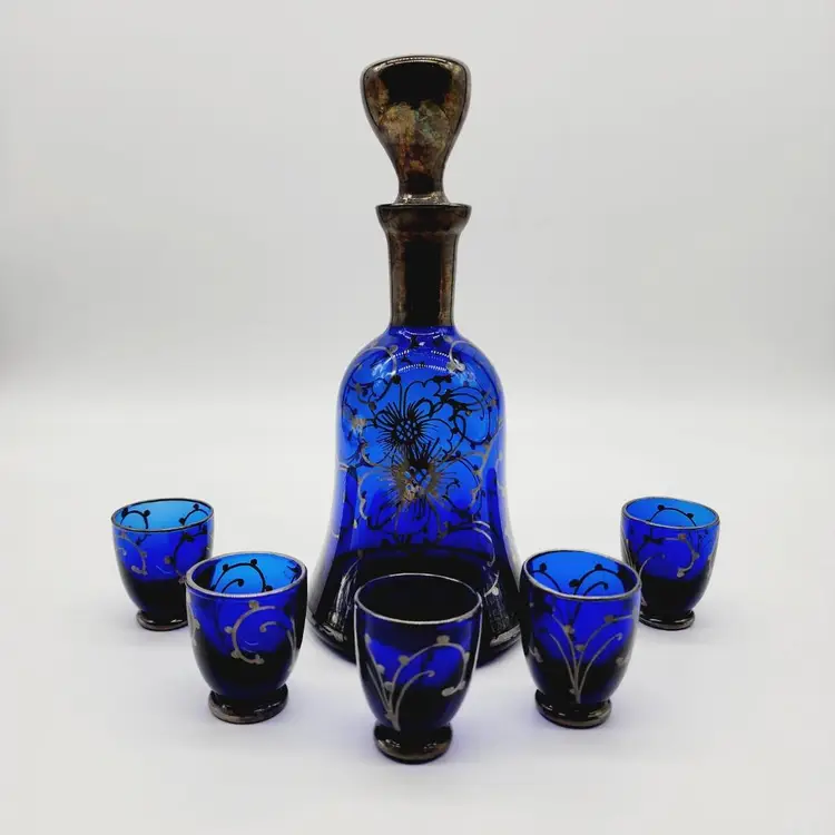 Vintage Cobalt Blue Sterling Silver Overlay Decanter & Cordial Shot Glasses