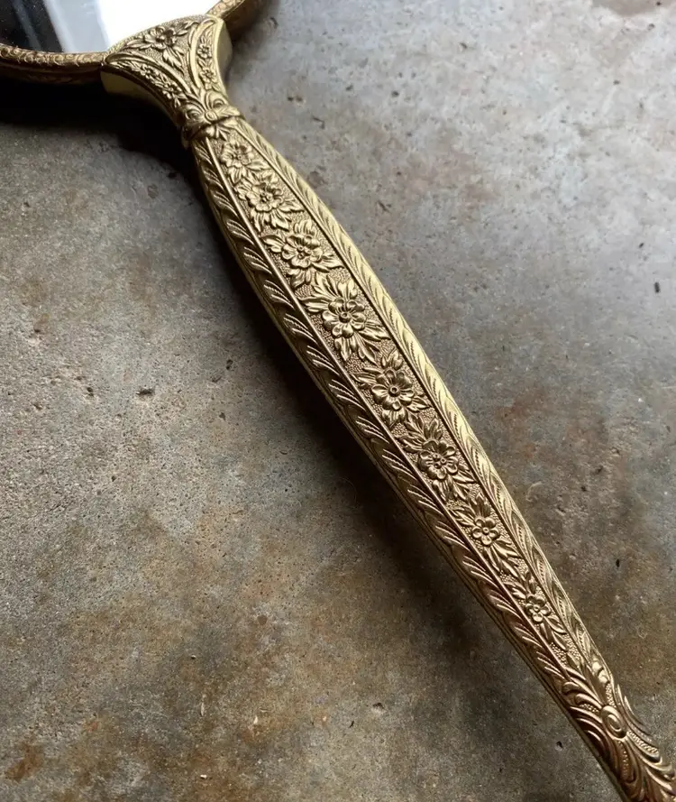 Vintage 1950s 14” Hand Held Vanity Mirror w/ Carved Metallic Golden Handle As Is