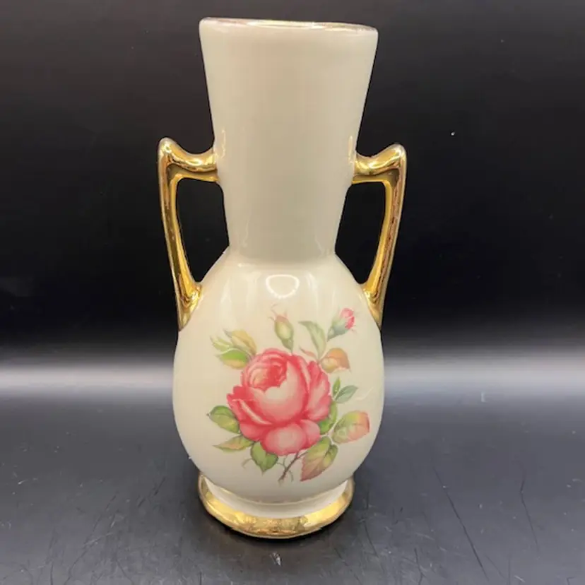 MCM Porcelain Pink Rose Bud Vase with Gold Trim 6.5" tall