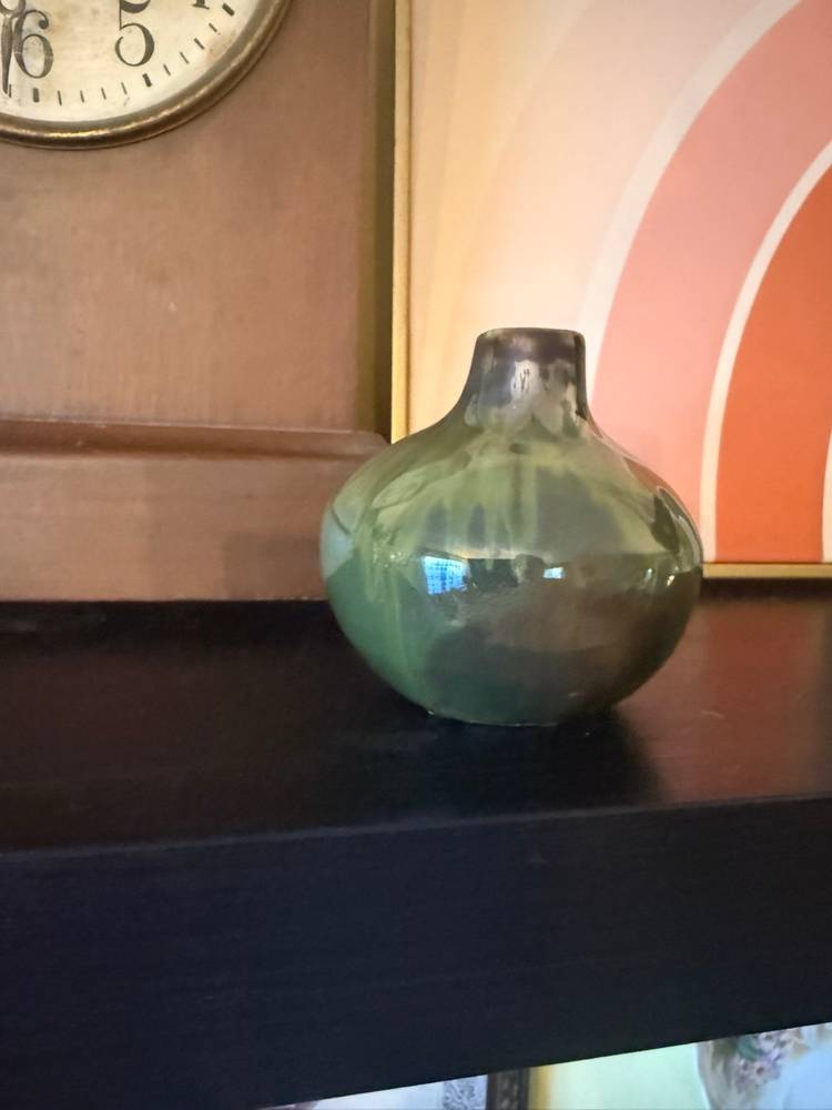 Mid-Century Modern Olive Green Drip Glaze Bud Vase, 1960s Studio Pottery