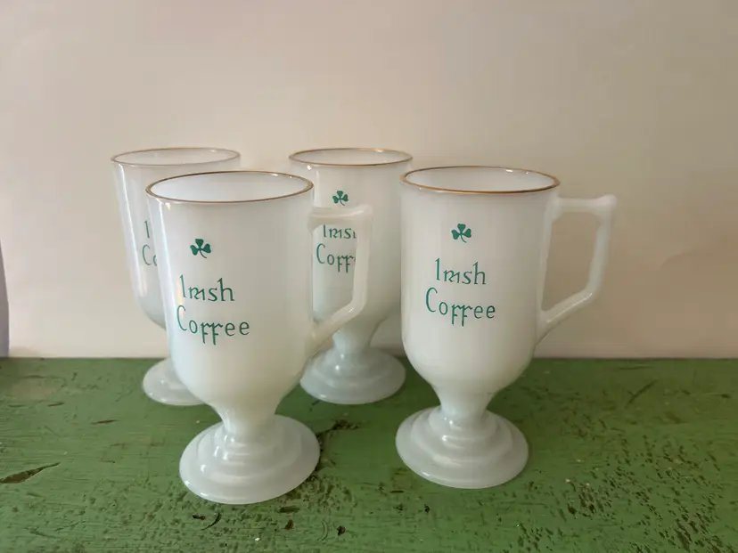 Vintage Irish Coffee Milk Glass Mugs Footed Pedestal Shamrocks Gold Rim Lot of 4