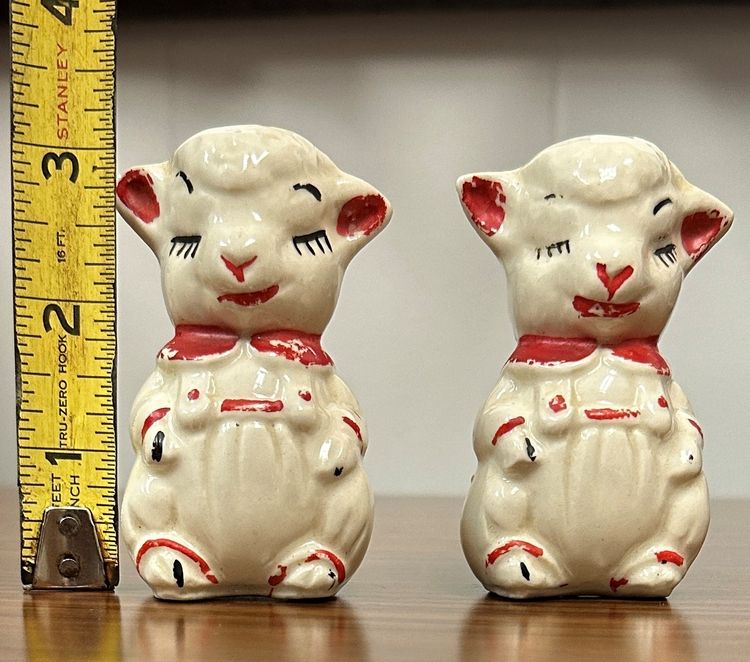 Vintage Shawnee Lamb Salt & Pepper Shaker Set Ceramic Sheep Red Accents