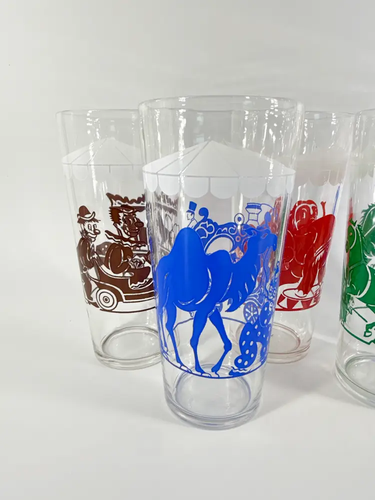 MCM Hazel Atlas "Big Top" Circus Clown Drinking Glasses Camel Elephant Vtg Lot 6