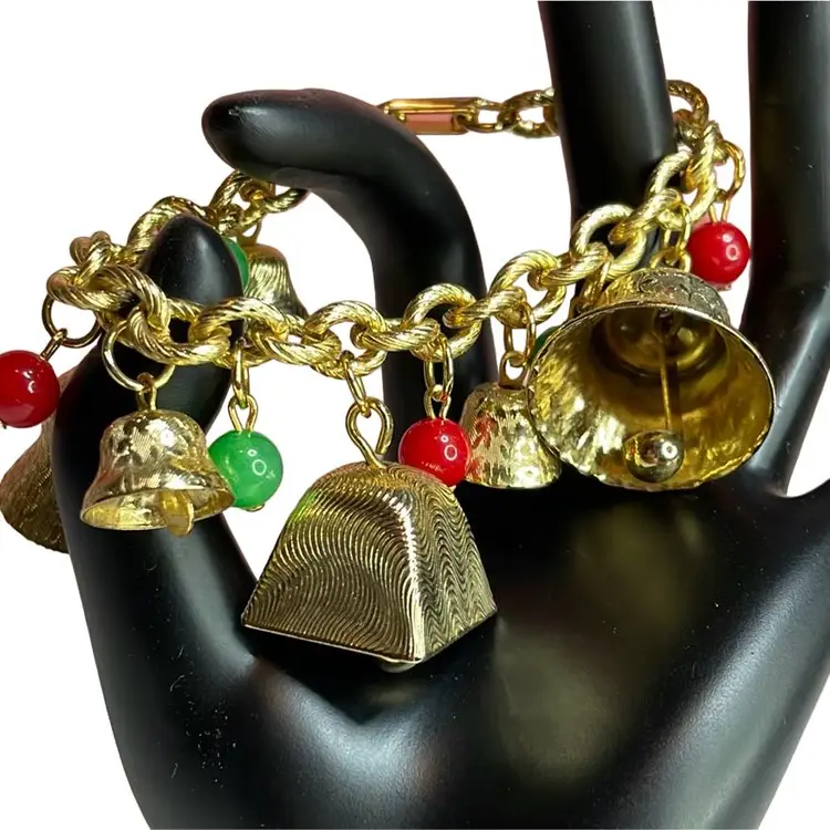 Vintage Christmas Bell And Red And Green Glass Balls Gold Tone Charm Bracelet 