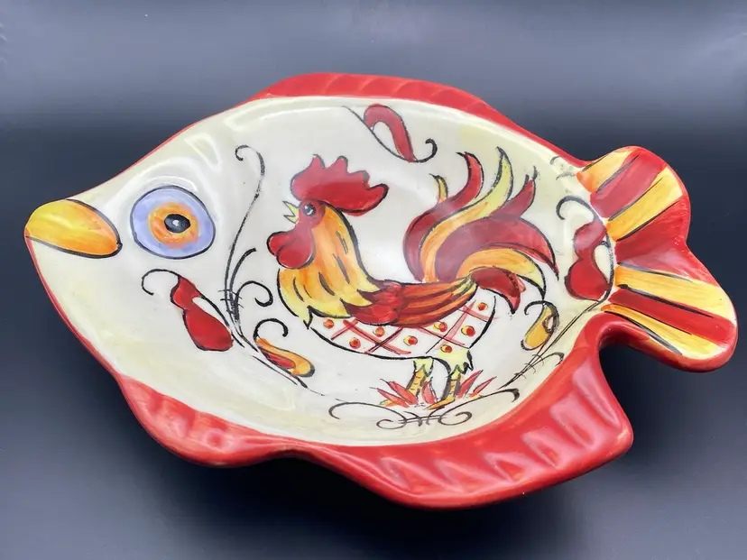Maxera Red Yellow Rooster Hand Painted Fish Dish