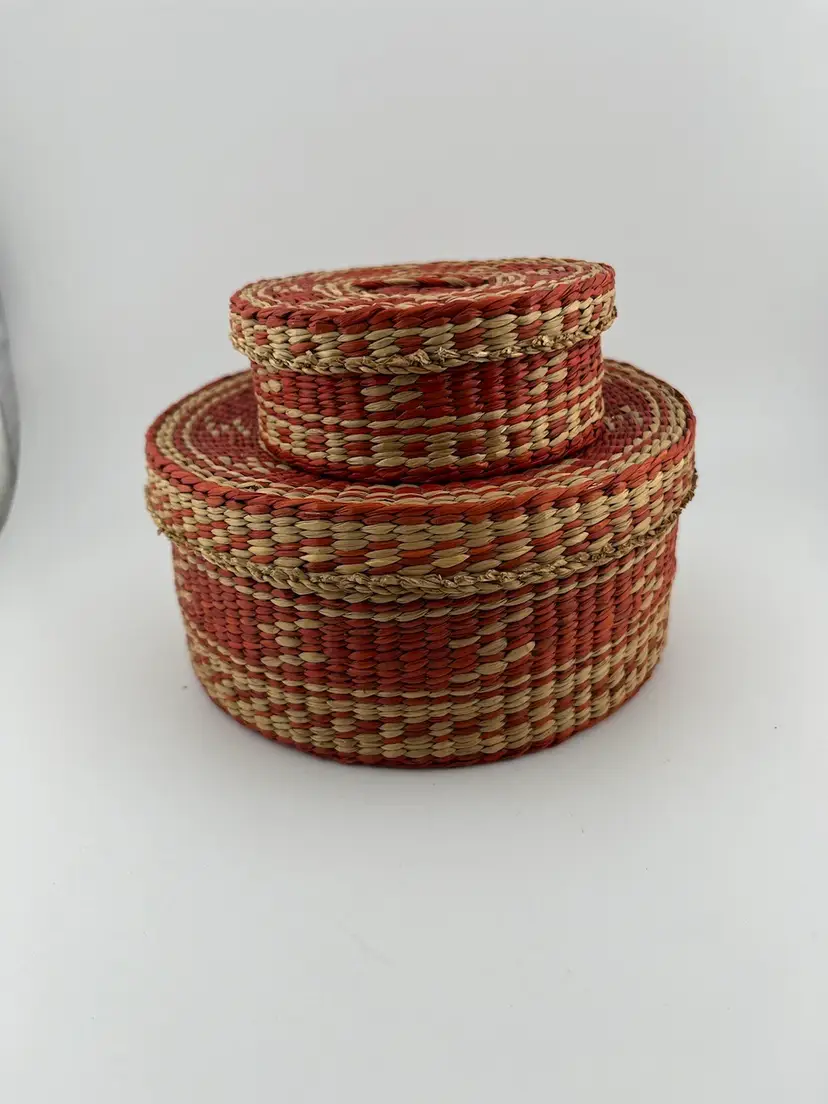 Set of Red and Tan Ratan Baskets, w/ Handles.