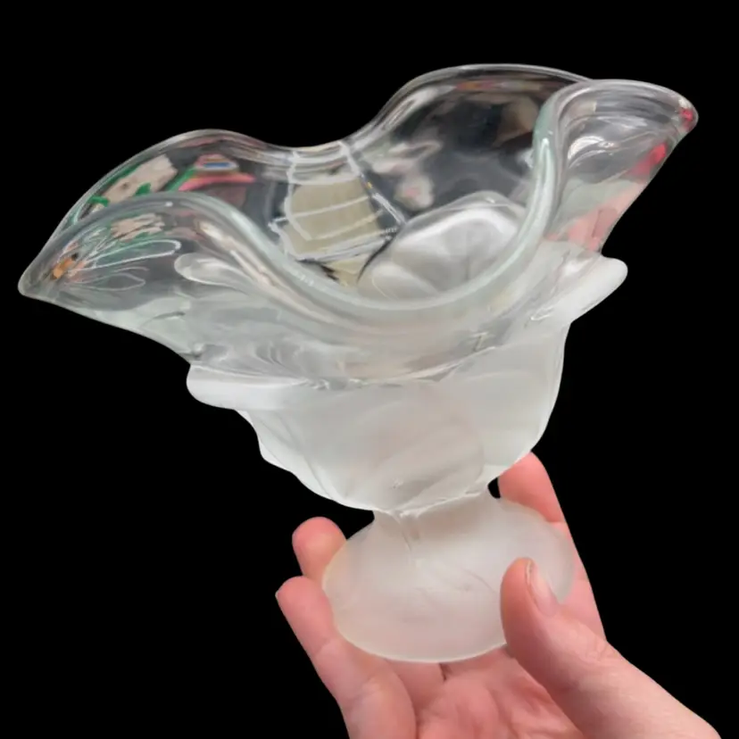 Viking Glass Clear & Satin Cabbage Leaf Compote 5.5”T