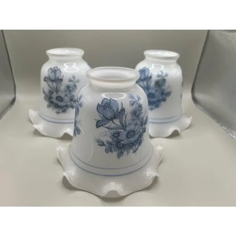 Set of 3 Vintage Milk Glass Tulip Lamp Shades with Blue Floral Design and Bell Ruffle ~ Measures 4.5 inches tall