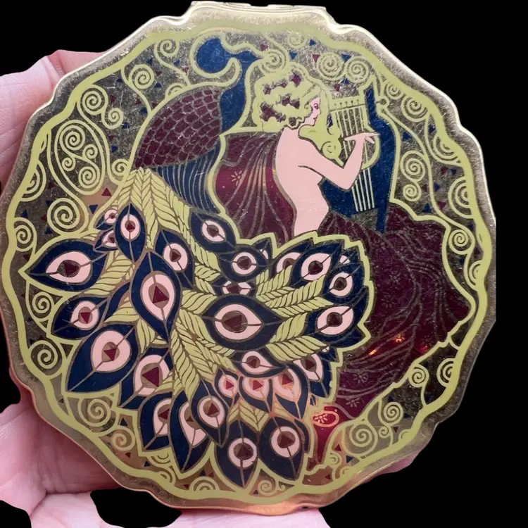 #259B Vintage Stratton Powder Compact Art Deco/Art Nouveau Enamel Peacock Muse Lady With Harp Made In England