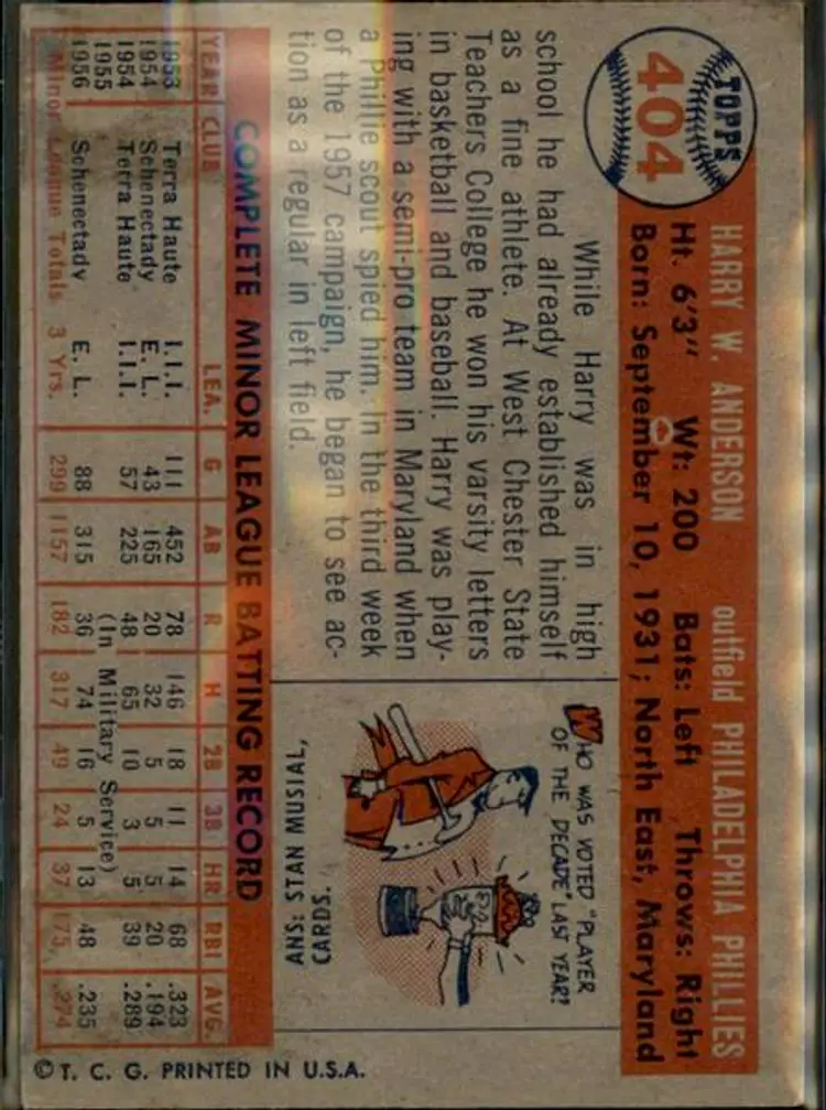 1957 Topps #404 Harry Anderson - ( pk1 ) - Philadelphia Phillies