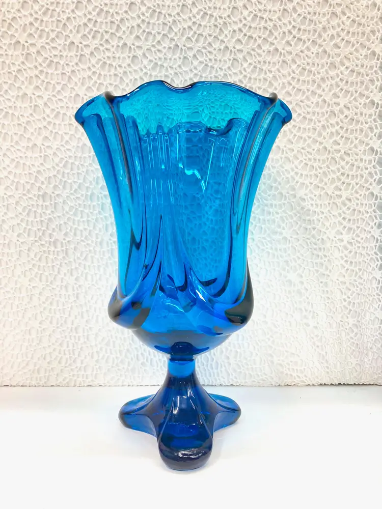 Vintage Viking EPIC DRAPE Vase Bluenique Footed 3 Toe Pedestal Blue Flared Swung Glass 10"