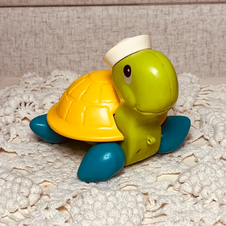 Vintage Plastic Pull Toy Turtle Nursery Decor – Retro Baby Toy Shelf Sitter – Colorful Mid Century Turtle with Rolling Wheels