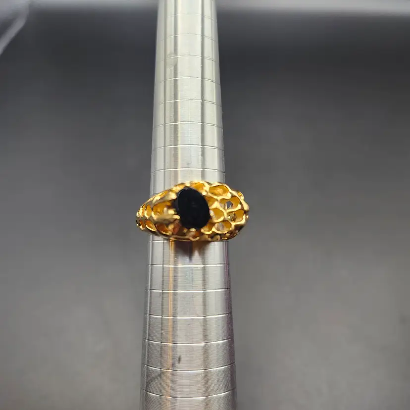 Golden Honeycomb Black Stone Ring Size 8