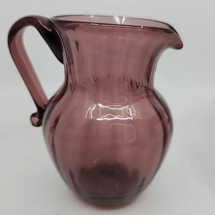 Vintage Amethyst Hand-Blown Art Glass Pitcher Applied Handle 5" Signed