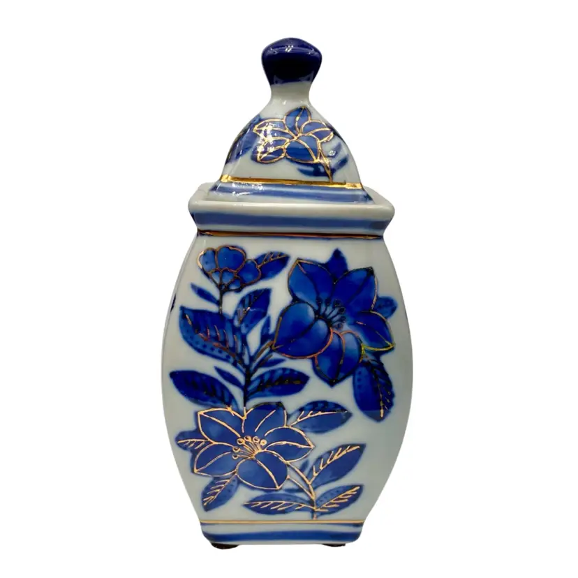 Vintage Blue and White Porcelain Ginger Jar with Lid, Gold Trim, Floral 6.3”