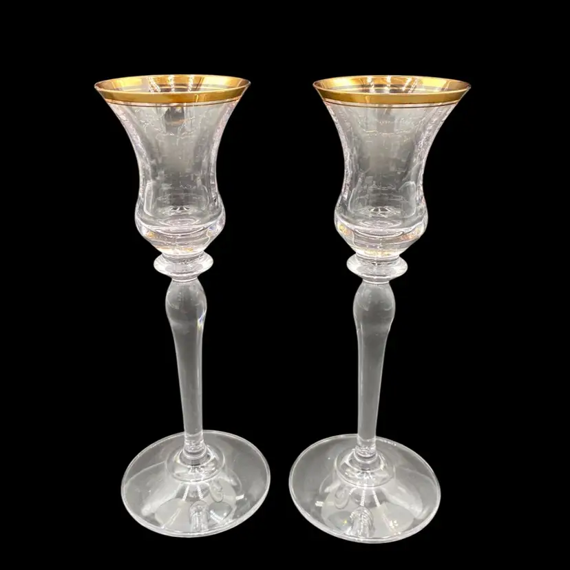 Pair of Mikasa Double Gold-Rimmed Stemware Crystal Candle Holders, 7.75" Tall