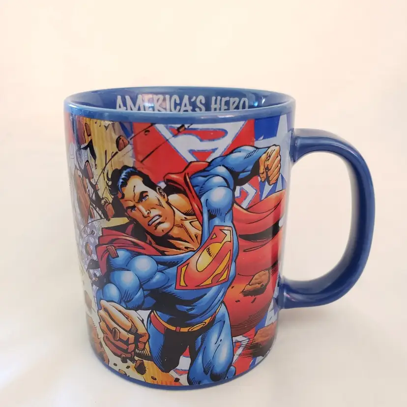 Superman DC Comics Mug America's Hero Ceramic Blue Background 4.25" x 3.5" READ