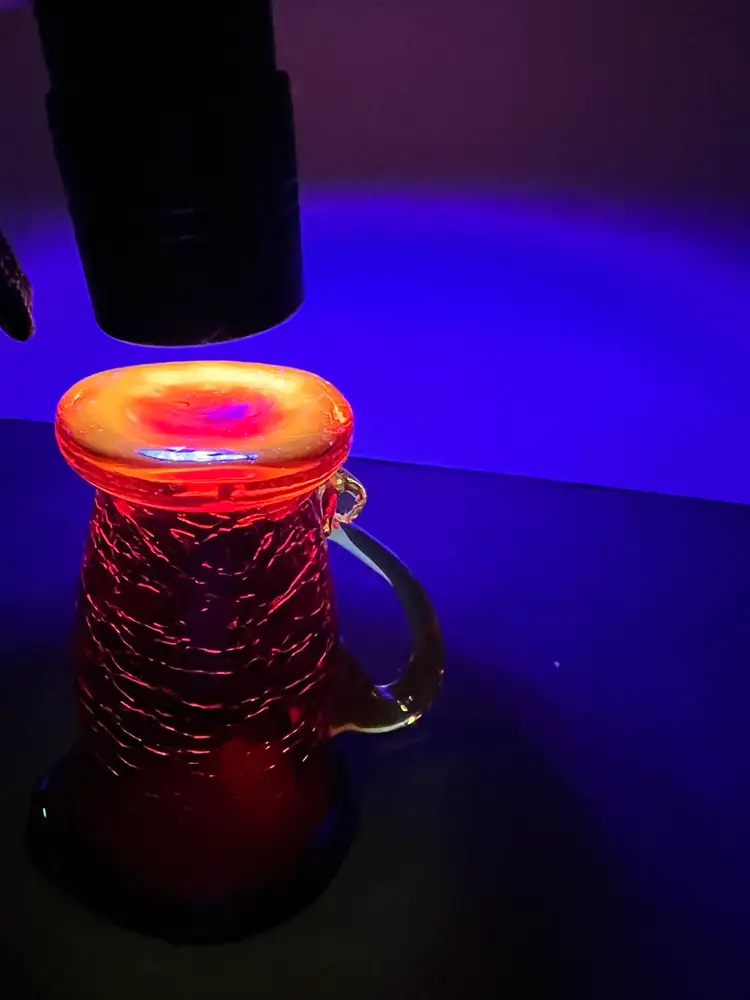 3.25” Petite Amberina Crackle Glass Pitcher Creamer Cadmium Hand Blown Glows