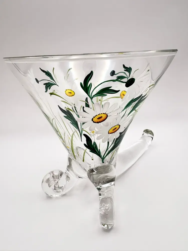 Vintage Hand-Painted Daisy Glass Cornucopia Vase 7”L  6”T  6”W