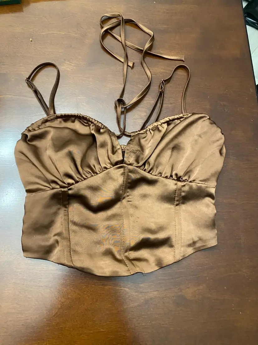 Y2K LA Hearts Womens Solid Dark Brown Satin Cami Crop Tank Top S Small 32” 34”