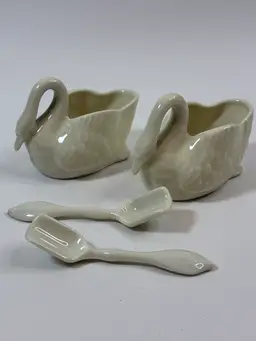 Vintage Victoria Czechoslovakia Porcelain Salt Cellar Swans With Spoons 2.75” X 2”