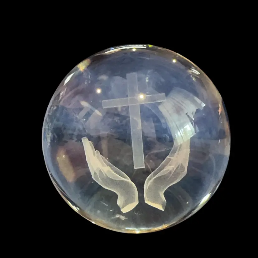 Crystal Orb With Etched Hands & Cross* Few Tiny Scratches