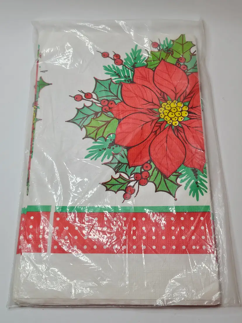 Vtg C. A. Reed Crepe Paper Table Cloth Poinsettia Red White Holiday NOS