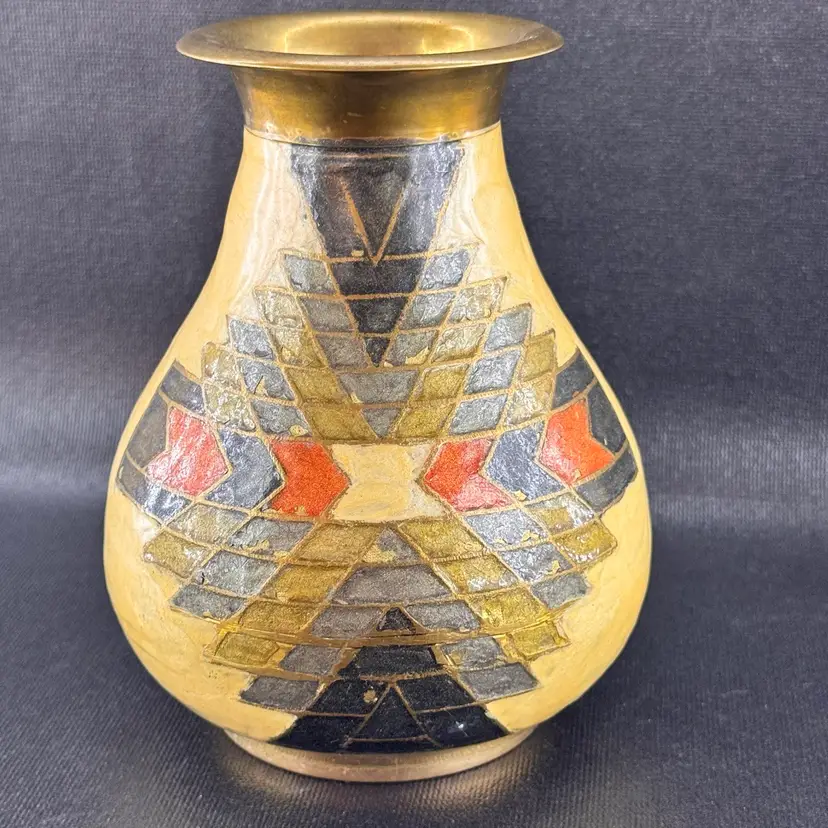 Vintage Enamel On Brass Geometric Vase Made In India