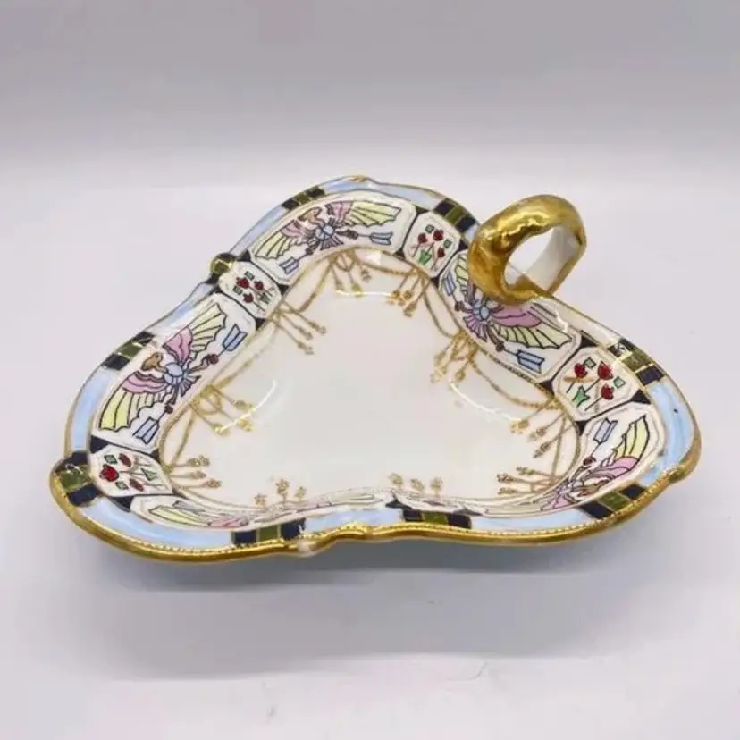 Vintage Art Deco Hand Painted Japan Nappy Snack Dish Bowl Handle Moriage Gold Trim