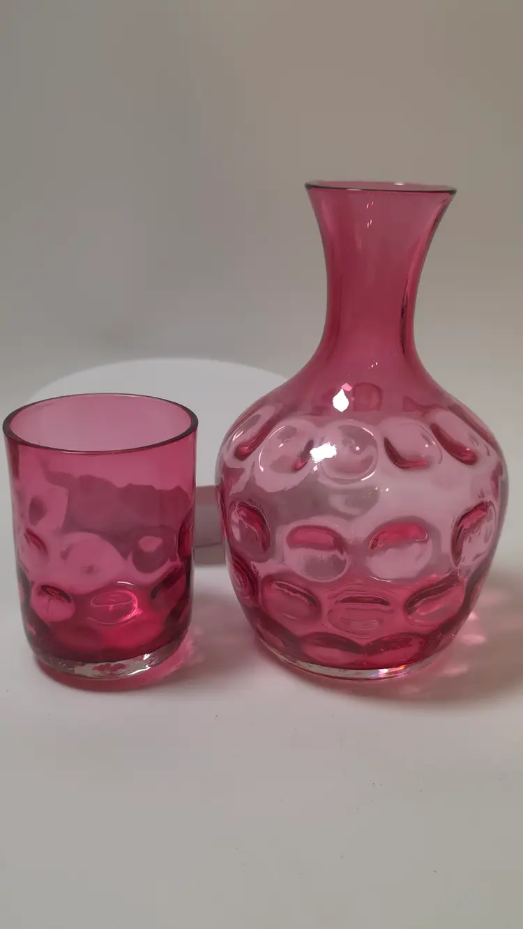 Vtg Fenton Cranberry Glass Coin Dot Thumb Print Tumble Up Water Carafe With Cup