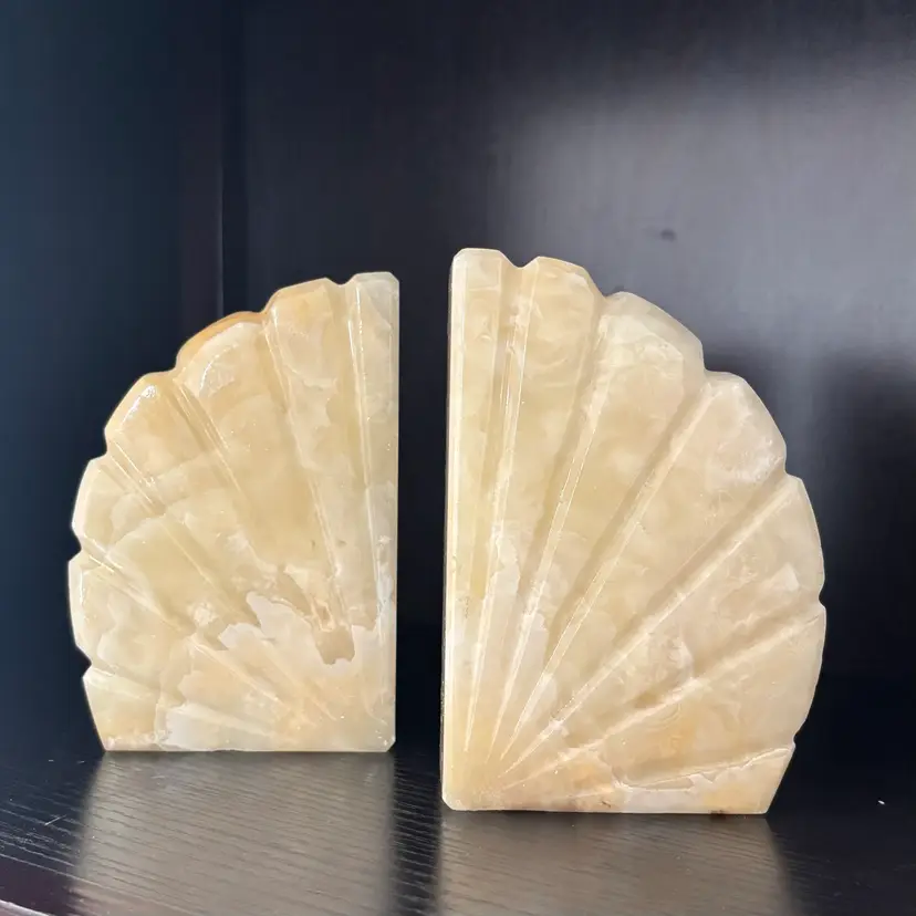 Vintage Onyx Scalloped Shell Fan Bookend Pair