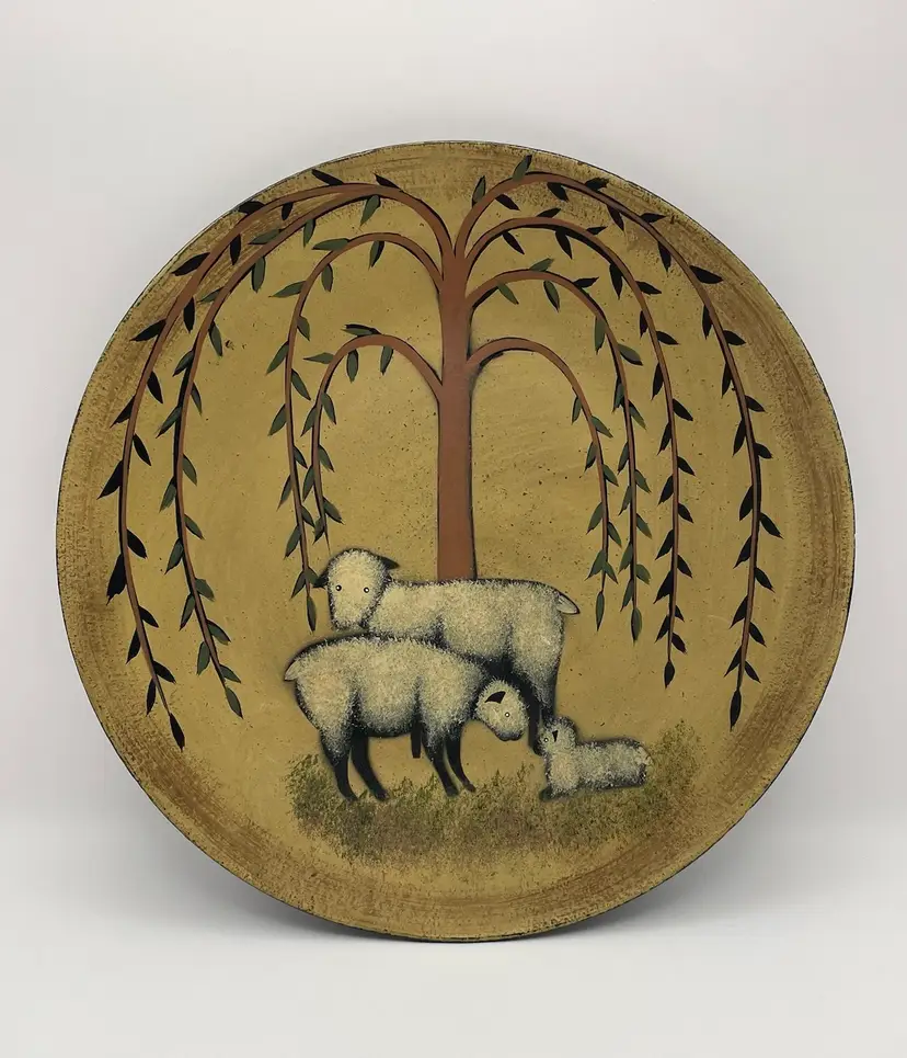 Painted wooden plate by Doreenh Winters, primitive, rustic with sheep family under tree 🐑