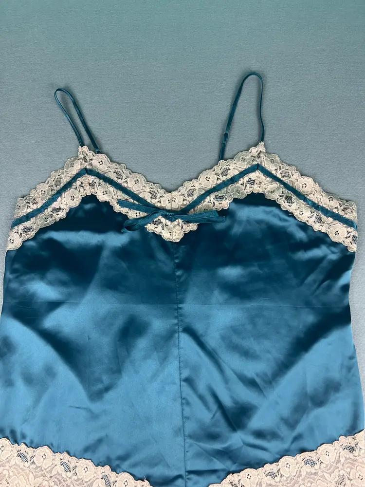Teal Satin Lace Teddy Lingerie 3X Snap Closure Chemise Bodysuit