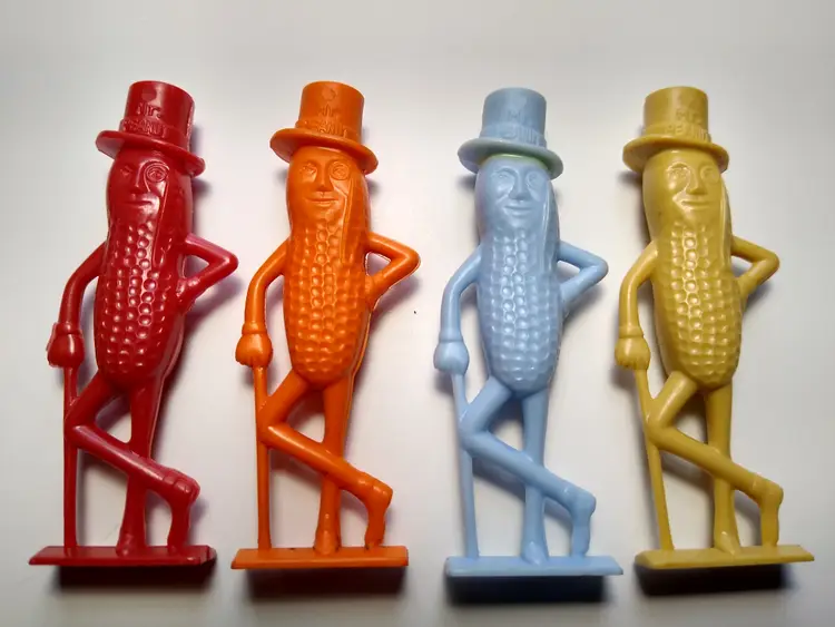 Mr. Peanut Planters Lot Of 4  Vintage Plastic Figure Whistles Red Orange Blue Tan