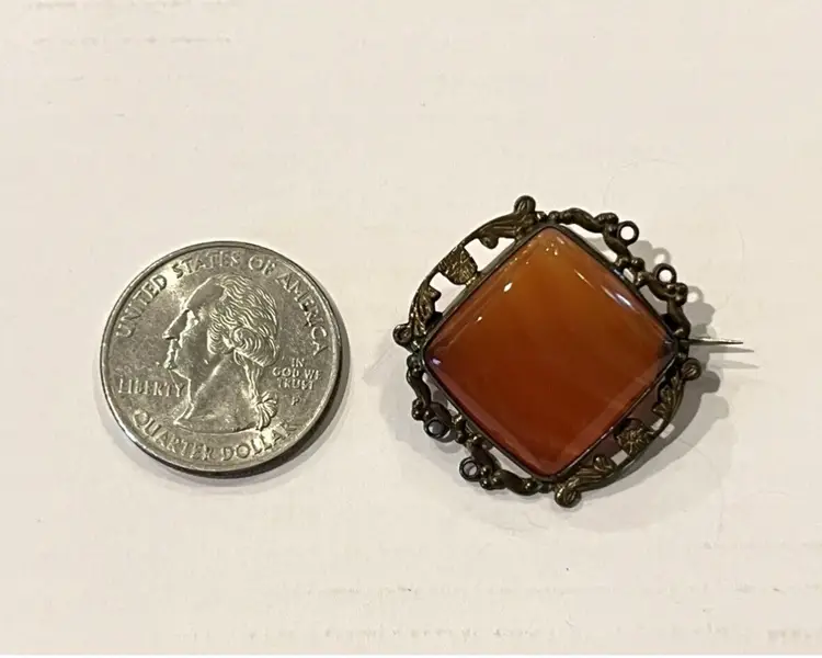 Antique Victorian Banded Agate Brooch Pin Orange Stone